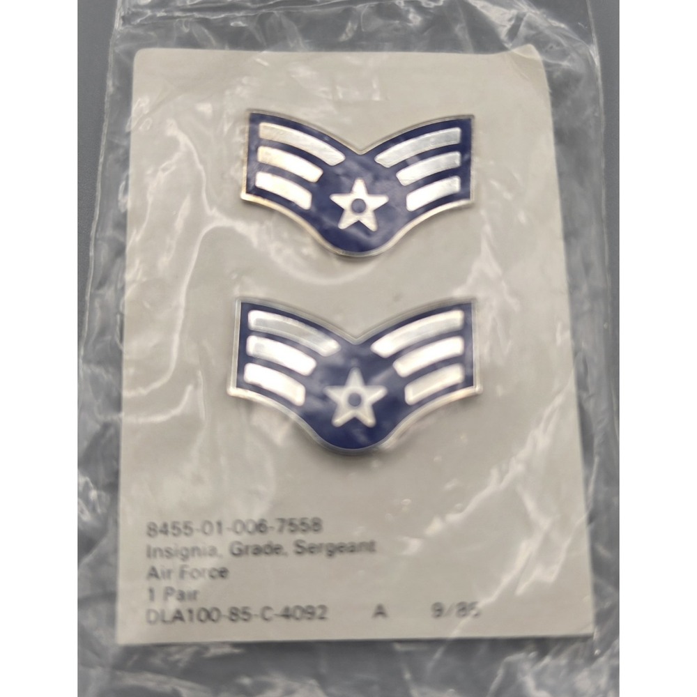 Vintage 1985 USAF E-4 Buck Sergeant Rank Insignia Pins Pair NOS DLA Military